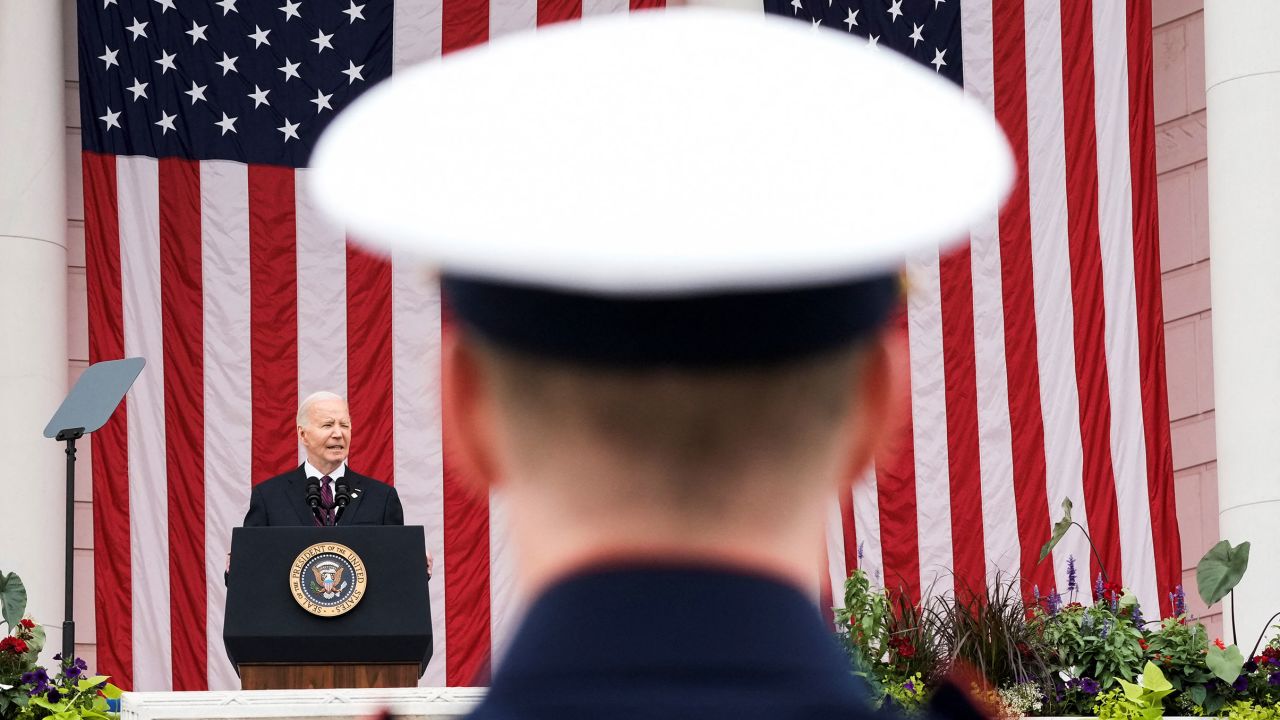 President Joe Biden speaks during the National Memorial Day Wreath-Laying and Observance Ceremony at Arlington National Cemetery, in Washington, DC, on May 27.