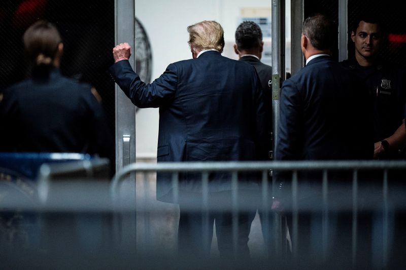 Former President Donald Trump gestures on the day the jury deliberates in the hush money trial filed against him in New York City on May 29.