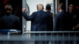 Former President Donald Trump gestures on the day the jury deliberates in the hush money trial filed against him in New York City on May 29.