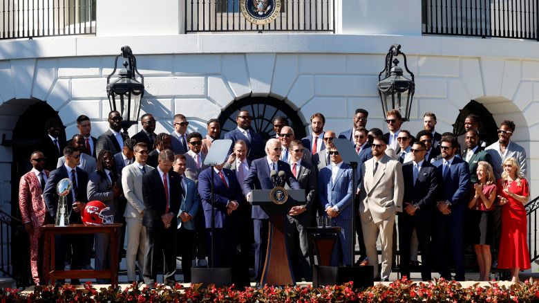 President Joe Biden welcomes the Kansas City Chiefs to the White House to celebrate their championship season and victory in Super Bowl LVIII, in Washington, DC, on Friday, May 31.