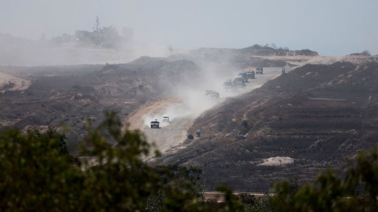 A convoy maneuvers inside the Gaza Strip, amid the ongoing conflict between Israel and Hamas, as seen from Israel, July 2, 2024.