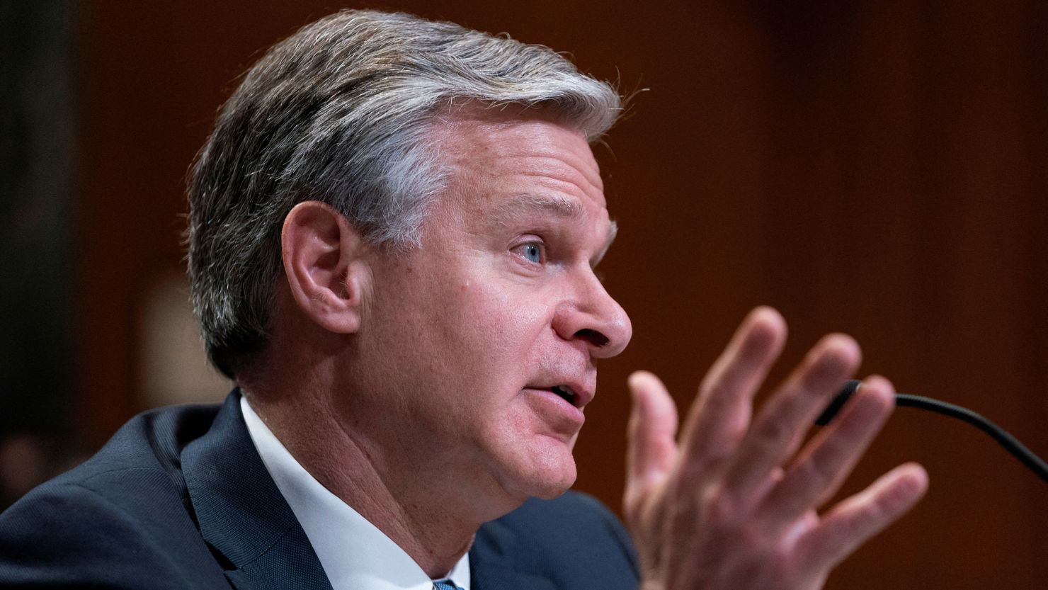 In this June 4 photo, FBI Director Christopher Wray testifies during a Senate Appropriations Commerce, Justice, Science, and Related Agencies Subcommittee hearing on President Biden’s proposed budget request for the Federal Bureau of Investigation, on Capitol Hill in Washington, DC. 