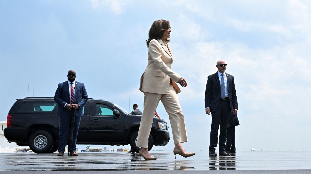 Vice President Kamala Harris walks to board Air Force Two at Indianapolis International Airport in Indianapolis, Indiana, on July 24, 2024.