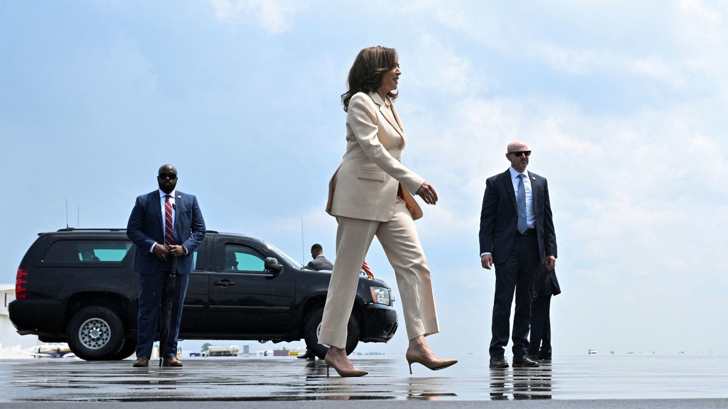 Vice President Kamala Harris walks to board Air Force Two at Indianapolis International Airport in Indianapolis, Indiana, on July 24, 2024.