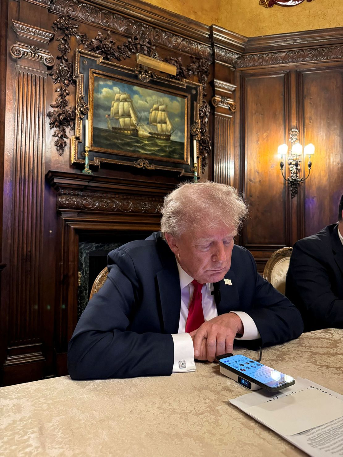 Former President Donald Trump speaks as he participates in an interview with billionaire entrepreneur Elon Musk on the social media platform X, at Mar-a-Lago in Palm Beach, Florida, on August 12 in this picture obtained from social media.