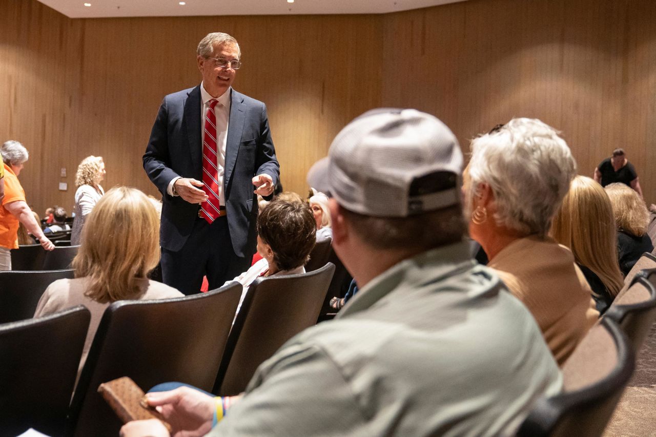 In this August 27 photo, Georgia Secretary of State Brad Raffensperger speaks with attendees as Georgia state authorities hold an election administration training session for state and local officials in Forsyth, Georgia.