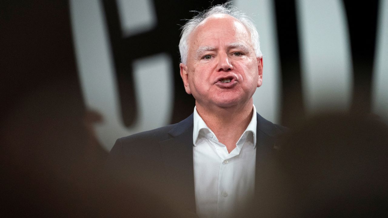 Tim Walz delivers remarks at an election campaign event in Superior, Wisconsin, on September 14.