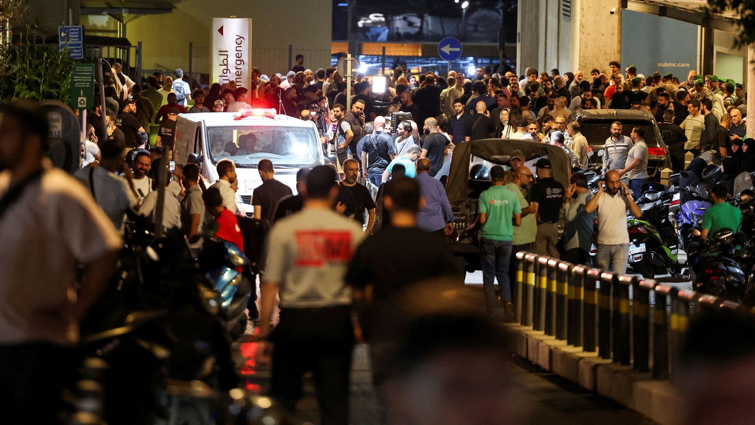 People gather outside American University of Beirut Medical Center as more than 1,000 people were wounded when the pagers they use to communicate exploded in Beirut, Lebanon, on September 17. 