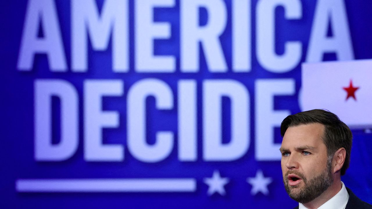 Sen. JD Vance speaks during a debate on Tuesday in New York.