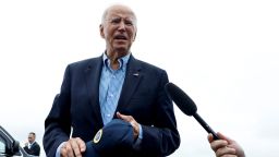 President Joe Biden speaks to members of the media before boarding Air Force One en route to North and South Carolina in the wake of Hurricane Helene at Joint Base Andrews, Maryland, on October 2. 