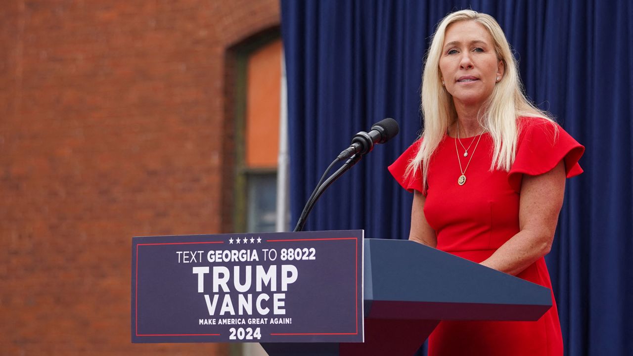 Rep. Marjorie Taylor Greene speaks at a campaign event of Republican vice presidential nominee Sen. JD Vance in Lindale, Georgia, on Friday.