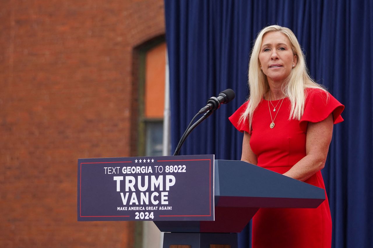 Rep. Marjorie Taylor Greene speaks at a campaign event of Republican vice presidential nominee Sen. JD Vance in Lindale, Georgia, on Friday.