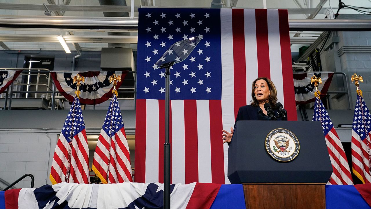 Vice President Kamala Harris delivers remarks during a campaign event at a fire station in Redford Charter Township, Michigan, on Friday, October 4. 