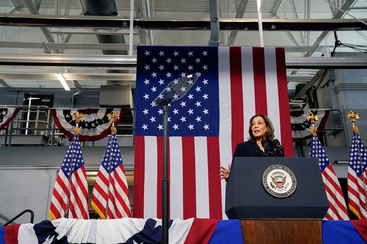 Vice President Kamala Harris delivers remarks during a campaign event at a fire station in Redford Charter Township, Michigan, on Friday, October 4. 