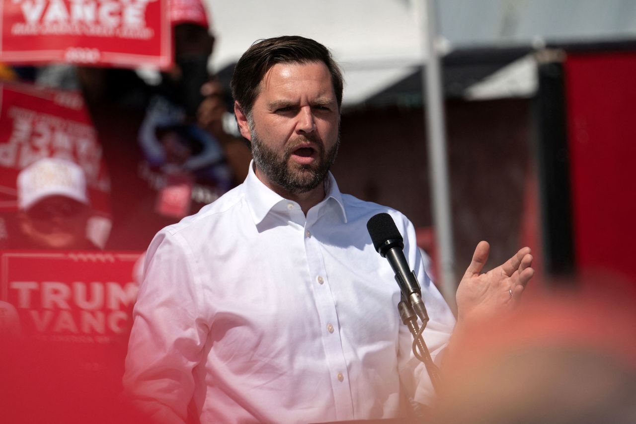 Sen. JD Vance speaks at Tucson Speedway in Tucson, Arizona, on October 9. 