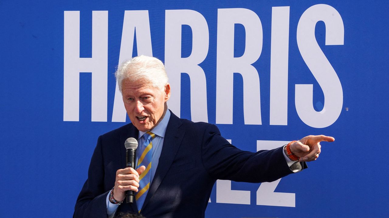 Former President Bill Clinton speaks as he tours Georgia in support of Vice President Kamala Harris' presidential campaign in Columbus, Georgia, on Monday, October 14.