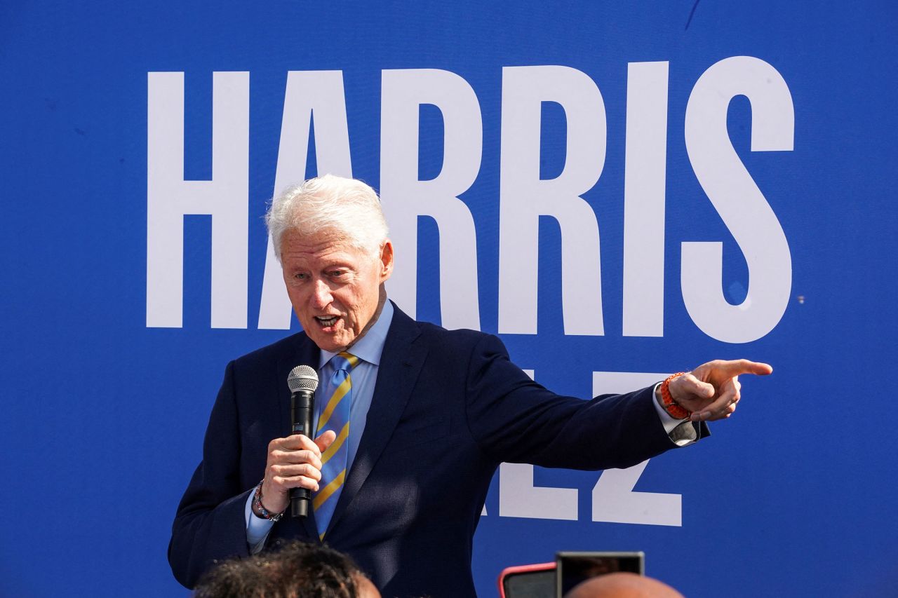 Former President Bill Clinton speaks as he tours Georgia in support of Vice President Kamala Harris' presidential campaign in Columbus, Georgia, on Monday, October 14.