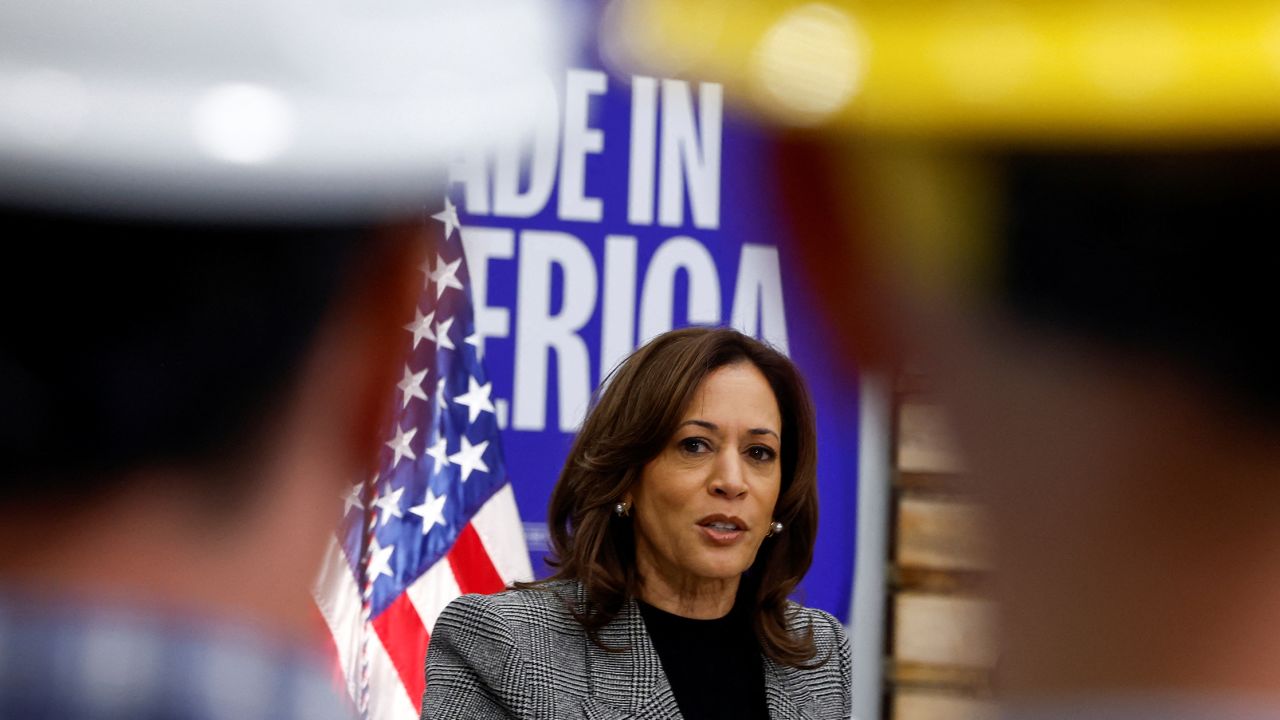 Vice President Kamala Harris speaks as she visits Hemlock Semiconductor in Hemlock, during her campaign trip to Michigan, on October 28.