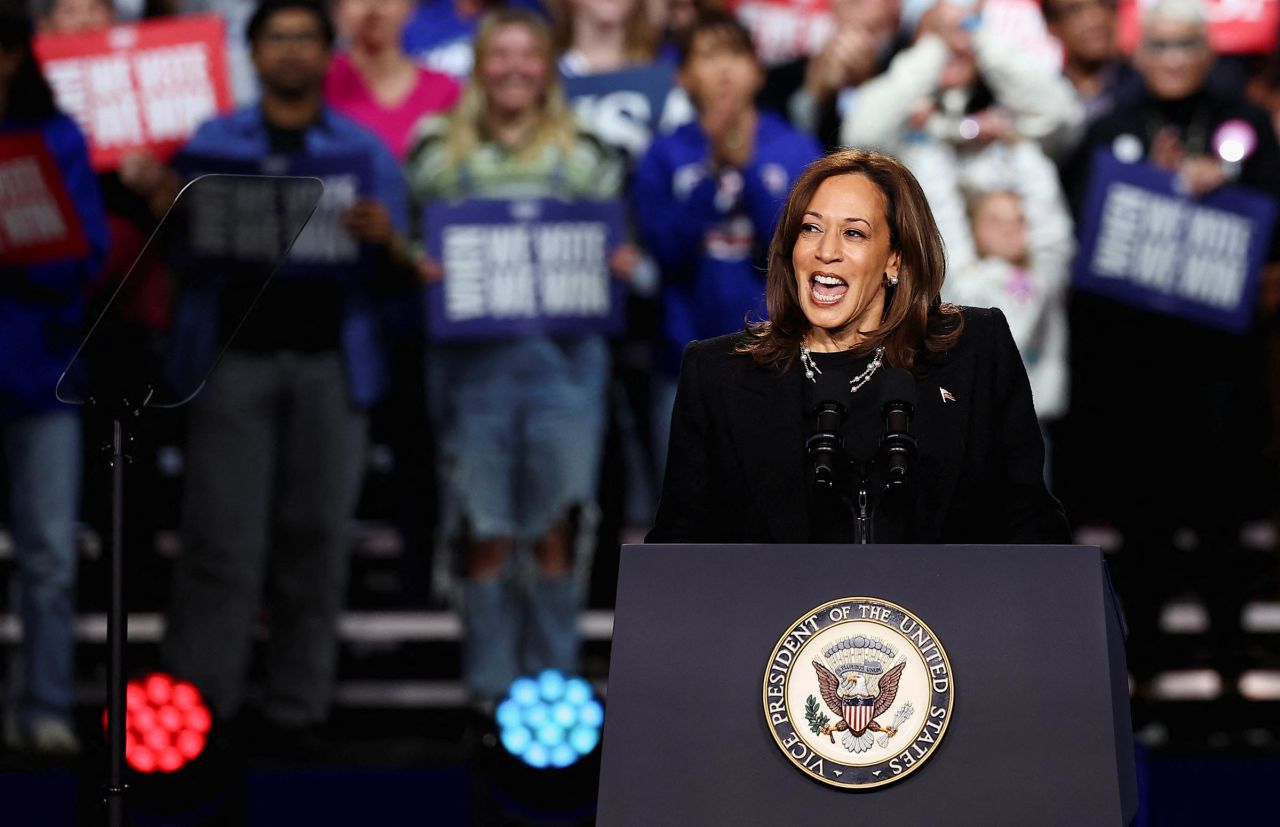 Vice President Kamala Harris speaks during her campaign rally, in Allentown, Pennsylvania, on November 4.