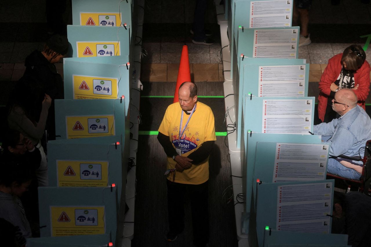 An election worker oversees voting process in the 2024 presidential election on Election Day at a polling station in Galleria At Sunset mall in Henderson, Nevada, on November 5. 