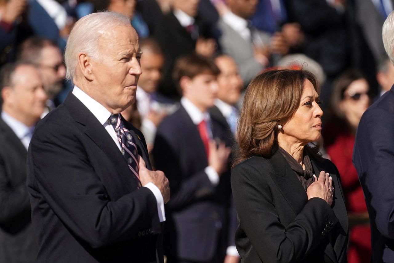 President Joe Biden and Vice President Kamala Harris take part in a wreath laying ceremony at the Tomb of the Unknown Soldier in Arlington National Cemetery on Veterans Day in Arlington, Virginia, on November 11. 