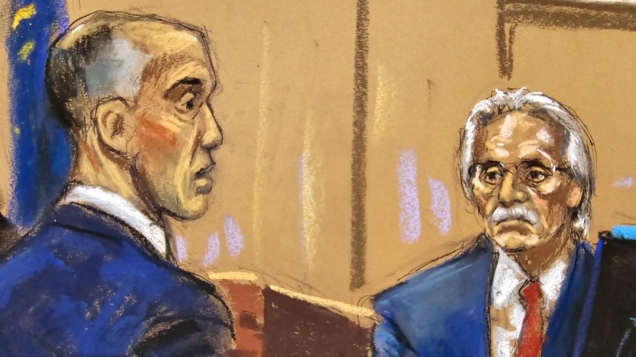 In this sketch from court, Emil Bove questions David Pecker at Manhattan criminal court on April 26, 2024 in New York City.