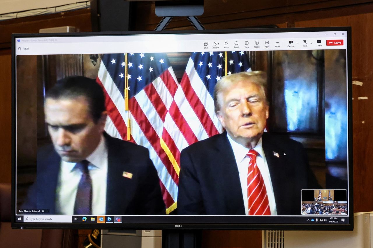 President-elect Donald Trump appears remotely for a sentencing hearing in front of New York State Judge Juan Merchan in the criminal case in which he was convicted in 2024 on charges involving hush money paid to a porn star, at New York Criminal Court in Manhattan in New York City, on January 10. 