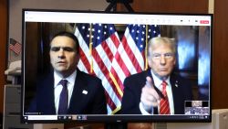 President-elect Donald Trump appears remotely for a sentencing hearing in front of New York State Judge Juan Merchan in the criminal case in which he was convicted in 2024 on charges involving hush money paid to a porn star, at New York Criminal Court in Manhattan in New York City, on January 10.