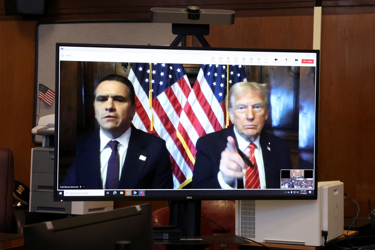 President-elect Donald Trump appears remotely for a sentencing hearing in front of New York State Judge Juan Merchan in the criminal case in which he was convicted in 2024 on charges involving hush money paid to a porn star, at New York Criminal Court in Manhattan in New York City, on January 10.