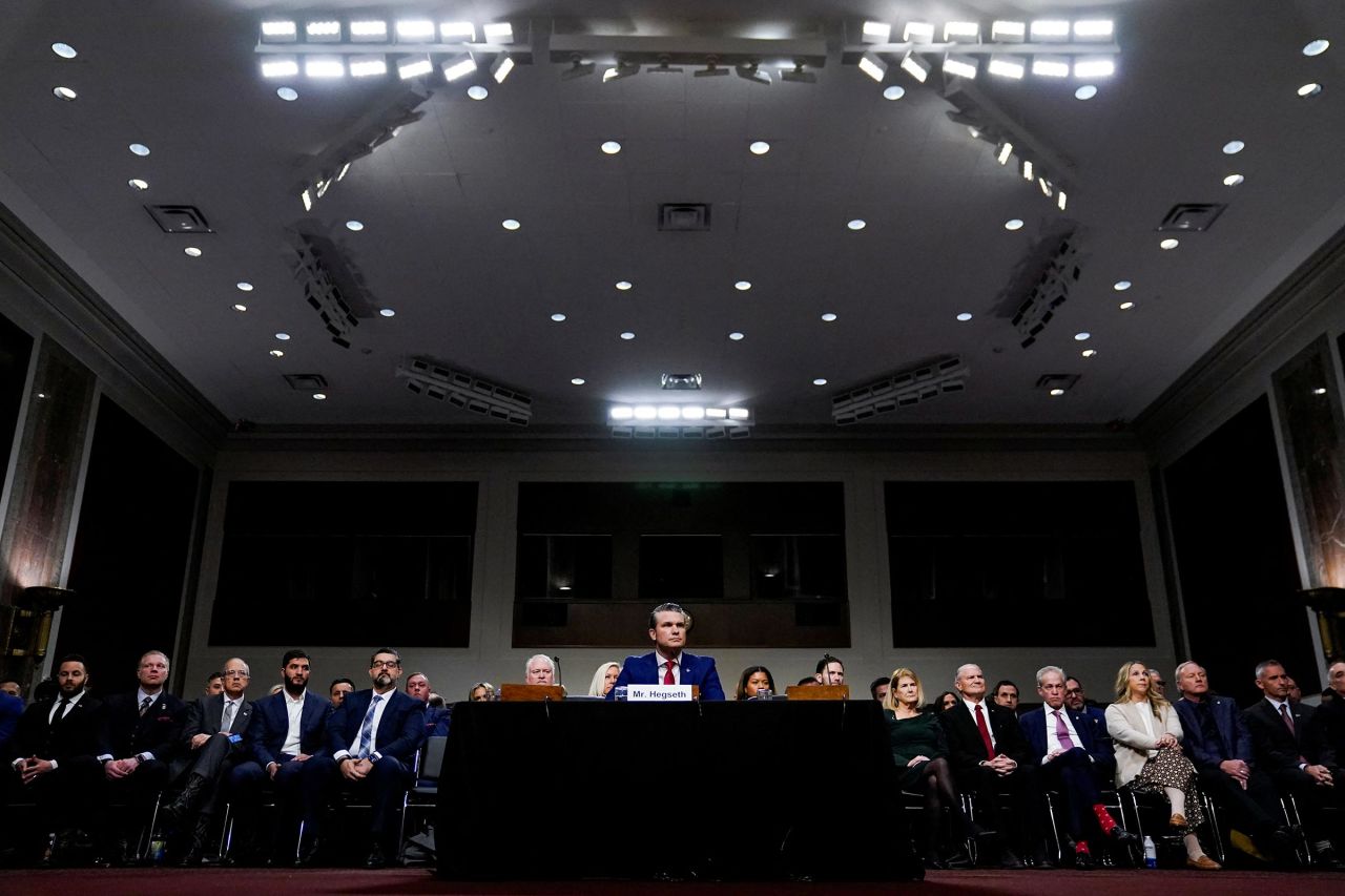 Pete Hegseth testifies during his Senate Armed Services Committee confirmation hearing on January 14, 2025, at the Capitol in Washington, DC.