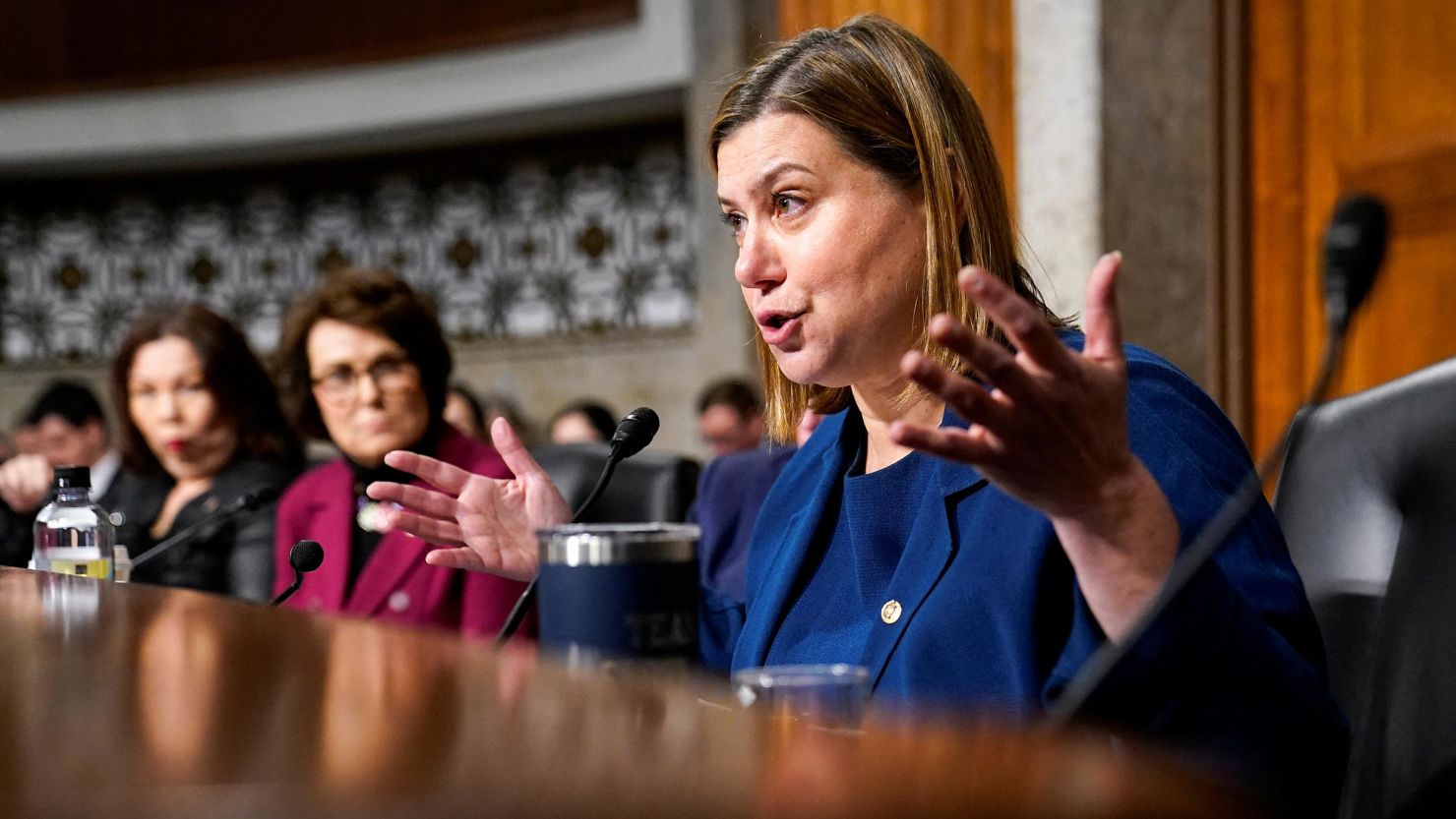 Sen. Elissa Slotkin gestures as Pete Hegseth testifies before a Senate Committee on Armed Services confirmation hearing on Capitol Hill in Washington, DC, on January 14.
