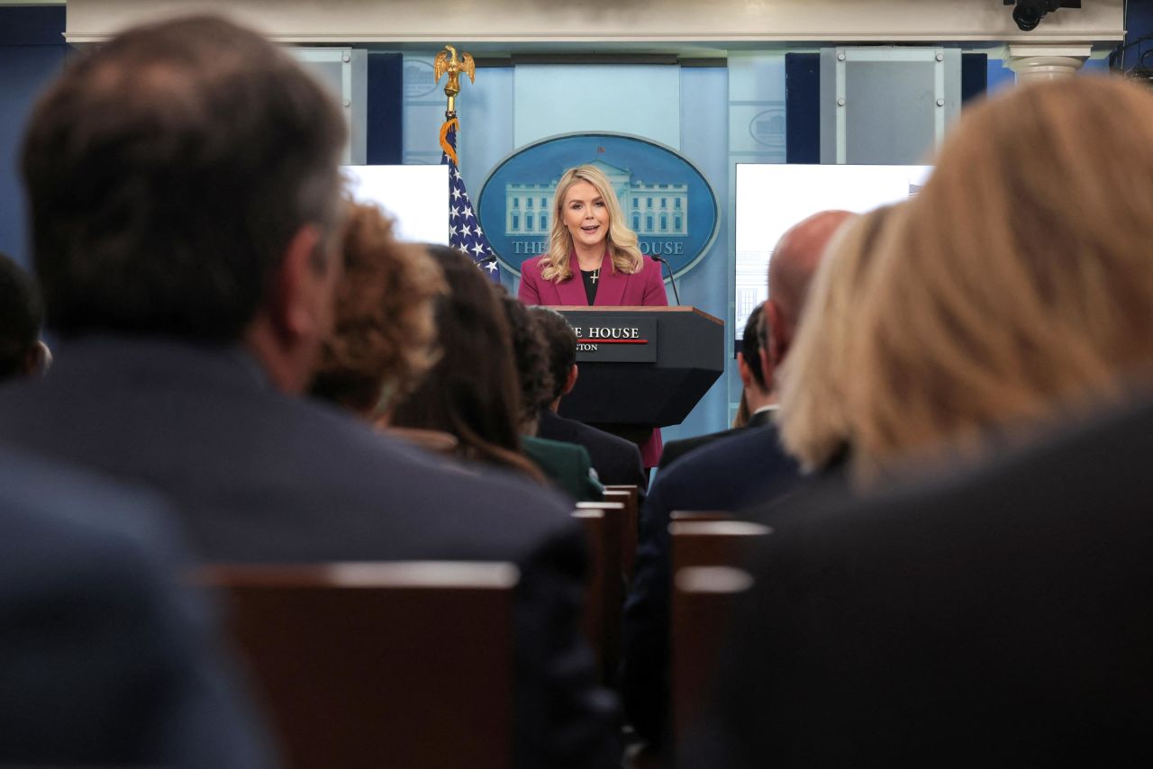 White House Press Secretary Karoline Leavitt delivers remarks during her first daily briefing, at the White House, in Washington, DC, on January 28, 2025.