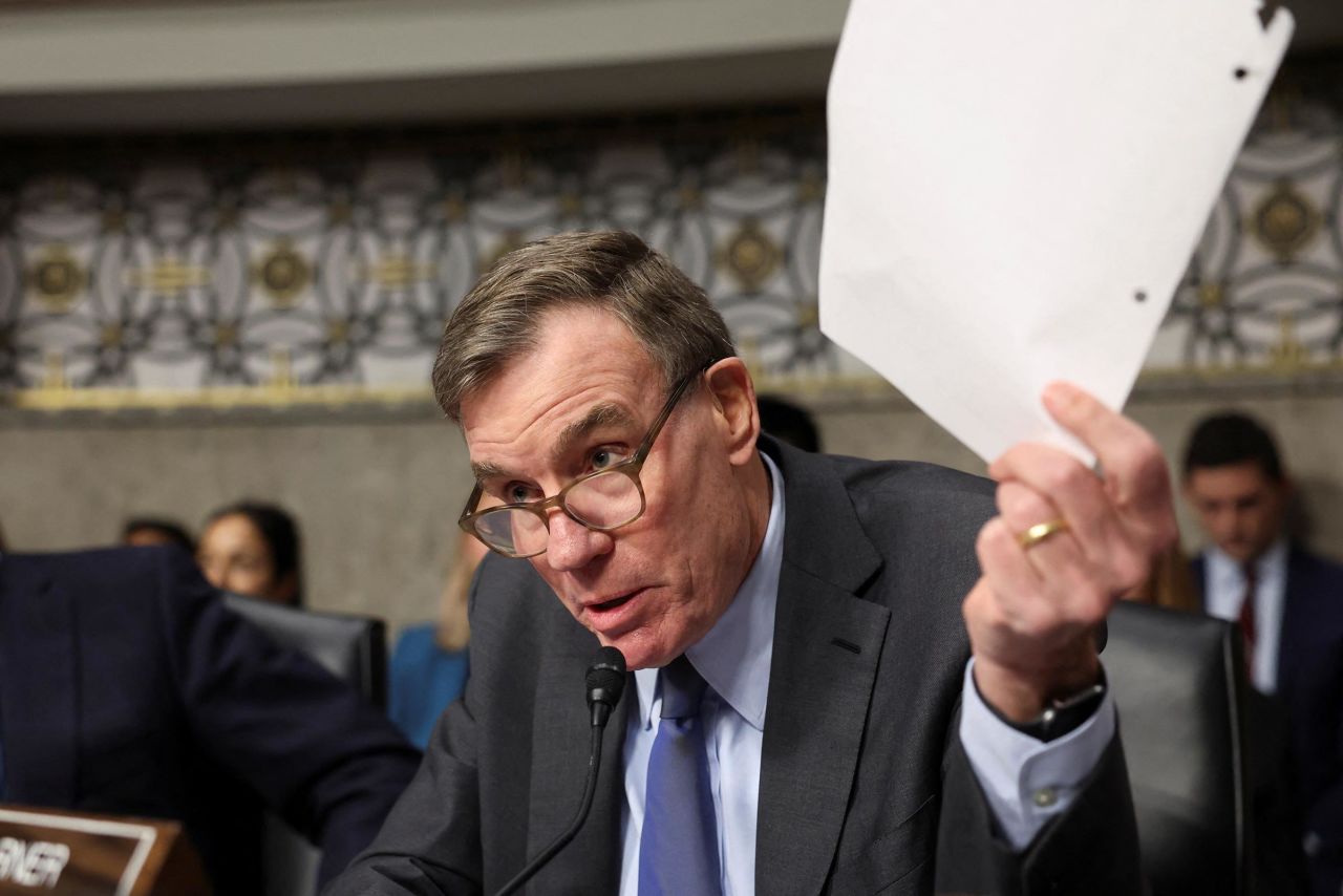 Sen. Mark Warner speaks during a Senate Finance Committee confirmation hearing for Robert F. Kennedy Jr. on Capitol Hill in Washington, DC, on January 29, 2025.