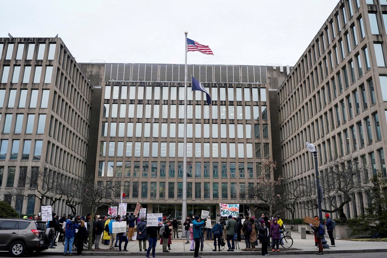 Demonstrators rally during a protest against billionaire Elon Musk, who is heading President Donald Trump's drive to shrink the federal government, outside the US Office of Personnel Management in Washington, DC, on February 5.