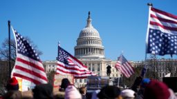 People take part in a protest against President Donald Trump's actions during his first weeks in office outside the US Capitol on Presidents' Day in Washington, DC, on February 17. 