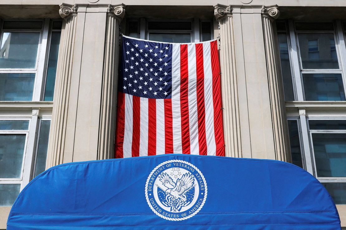 The seal for the Department of Veterans Affairs stands at the door of its headquarters in Washington, DC, in February. 