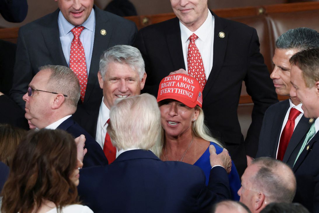 Greene talks to President Donald Trump ahead of his address to Congress at the US Capitol on March 4.