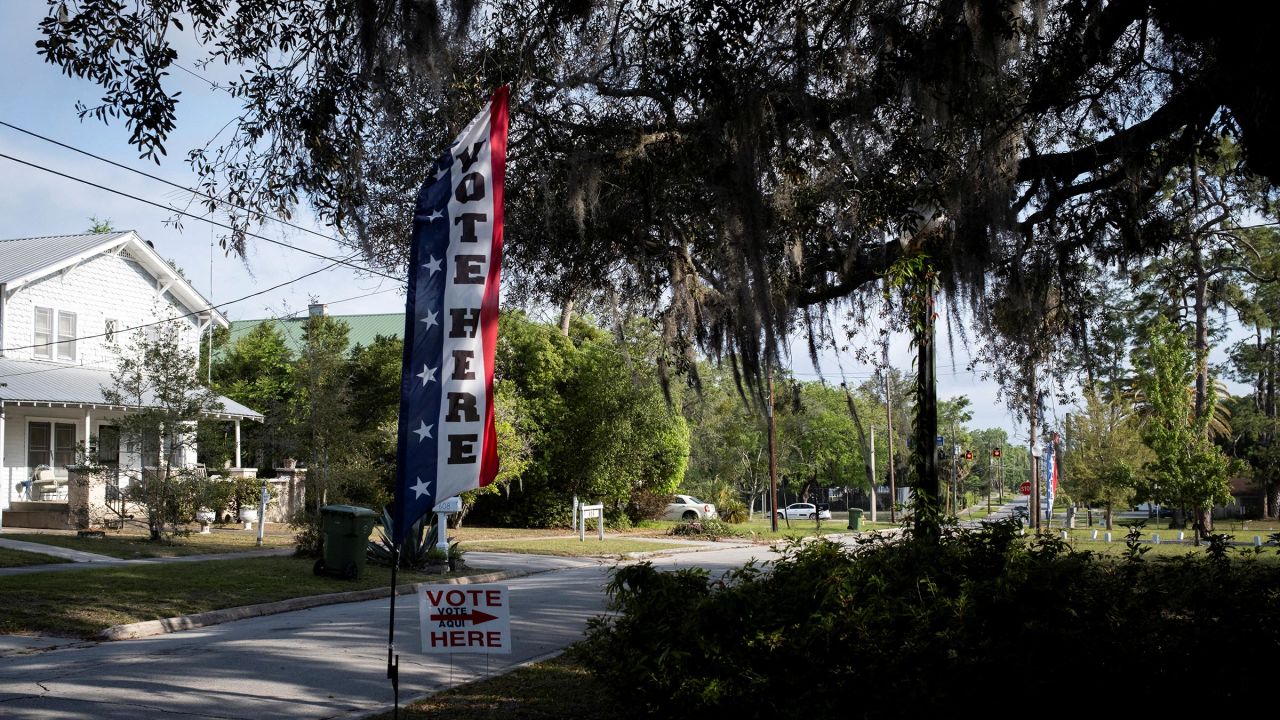 A voting sign is seen outside a polling station at the GFWC Woman's Club of Palatka, in Palatka, Florida, on April 1. 