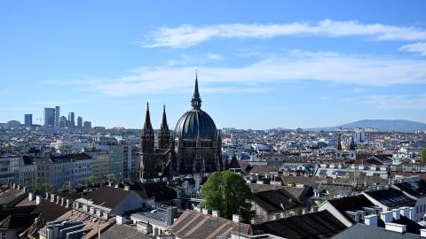 The Maria vom Siege church can be seen in this general view of Vienna, Austria, on April 16, 2025.