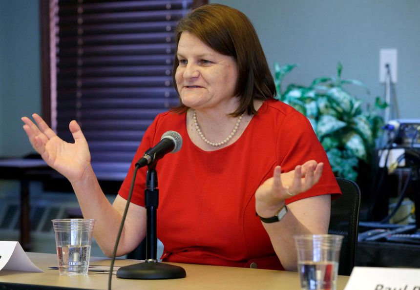 In this 2016 photo, Hannah Dugan speaks during a forum at the Milwaukee Bar Association in Milwaukee, Wisconsin.