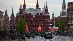 T-34 Soviet-era tanks are seen in a street near near the State Historical Museum and the Kremlin wall on the day of a rehearsal for a military parade, which marks the 80th anniversary of the victory over Nazi Germany in World War II in central Moscow on April 29. 