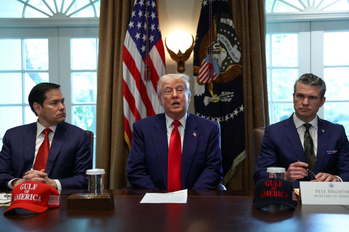 President Donald Trump speaks next to Defense Secretary Pete Hegseth and Secretary of State Marco Rubio during a cabinet meeting at the White House in Washington, DC, on April 30.