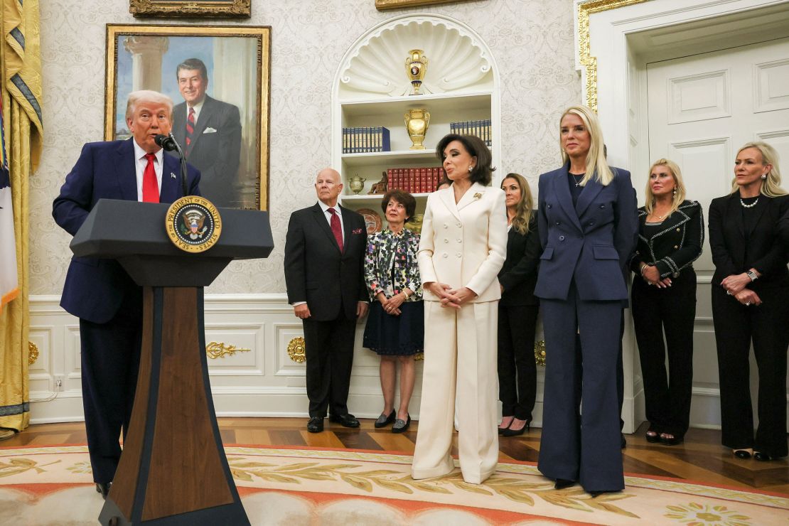 President Donald Trump speaks during a swearing-in ceremony for the interim US Attorney for the District of Columbia, Jeanine Pirro, at the White House in Washington, DC, on May 28.