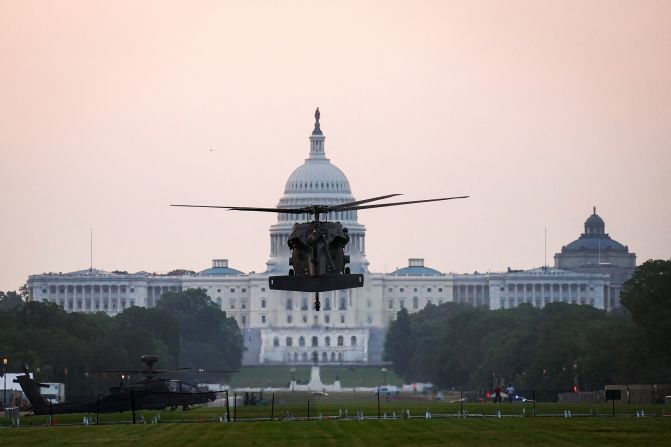 A Sikorsky UH-60 Black Hawk helicopter, slated to be used in the US Army's 250th Birthday Celebration and Parade, lands on the National Mall near the US Capitol in Washington, DC, on June 11.