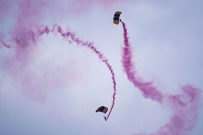 Members of the US Army Golden Knights parachute team perform during a military parade to commemorate the US Army's 250th Birthday in Washington, DC, on June 14.