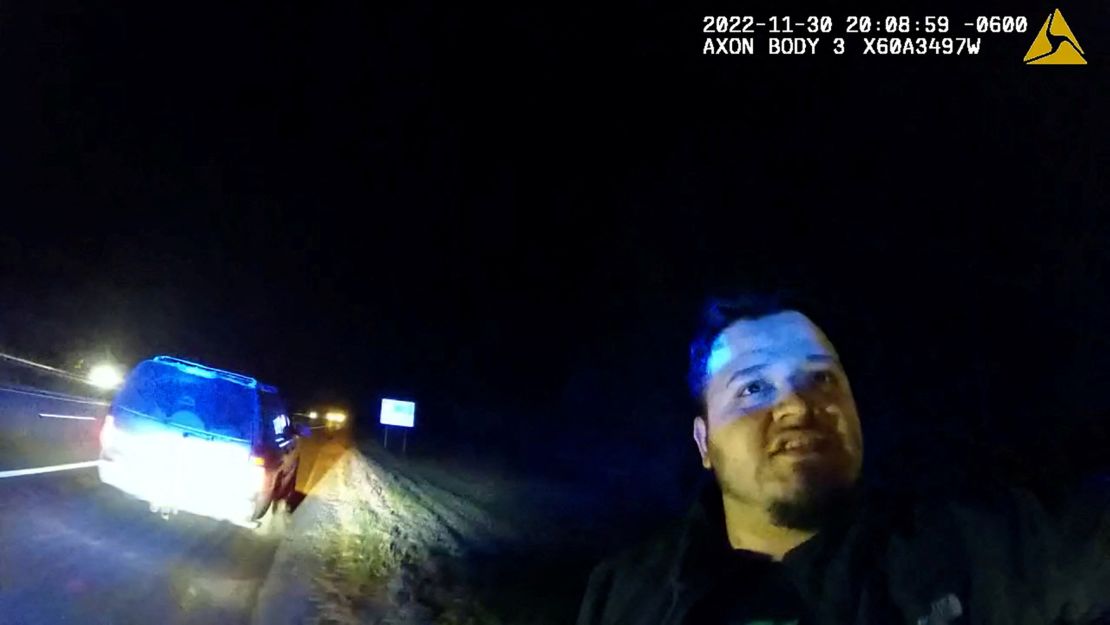 This still from body camera video from the Tennessee Department of Safety & Homeland Security shows Kilmar Abrego Garcia speaking with a Tennessee Highway Patrol officer during a traffic stop on Interstate 40 in Tennessee, on November 30, 2022. 