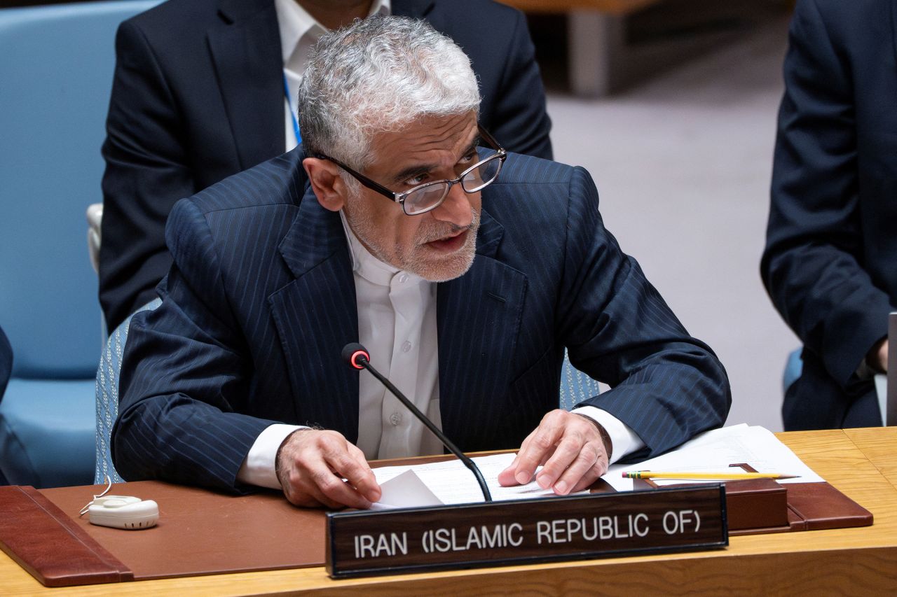 Amir Saeid Iravani addresses delegates during a meeting of the United Nations Security Council at UN headquarters in New York City, on June 22.