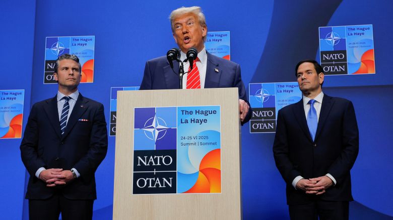 President Donald Trump speaks at a press conference, as Secretary of Defense Pete Hegseth and Secretary of State Marco Rubio stand near him, at the NATO summit in The Hague, Netherlands, on June 25.