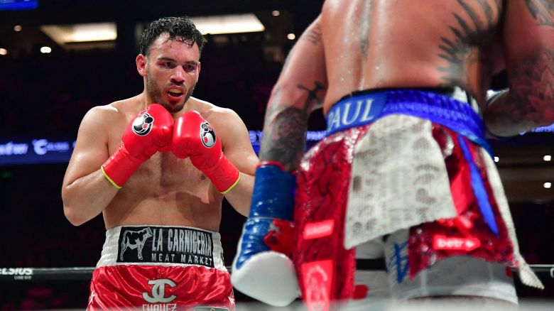 Julio Cesar Chavez Jr. squares up against Jake Paul at Honda Center in Anaheim, California, on June 28.