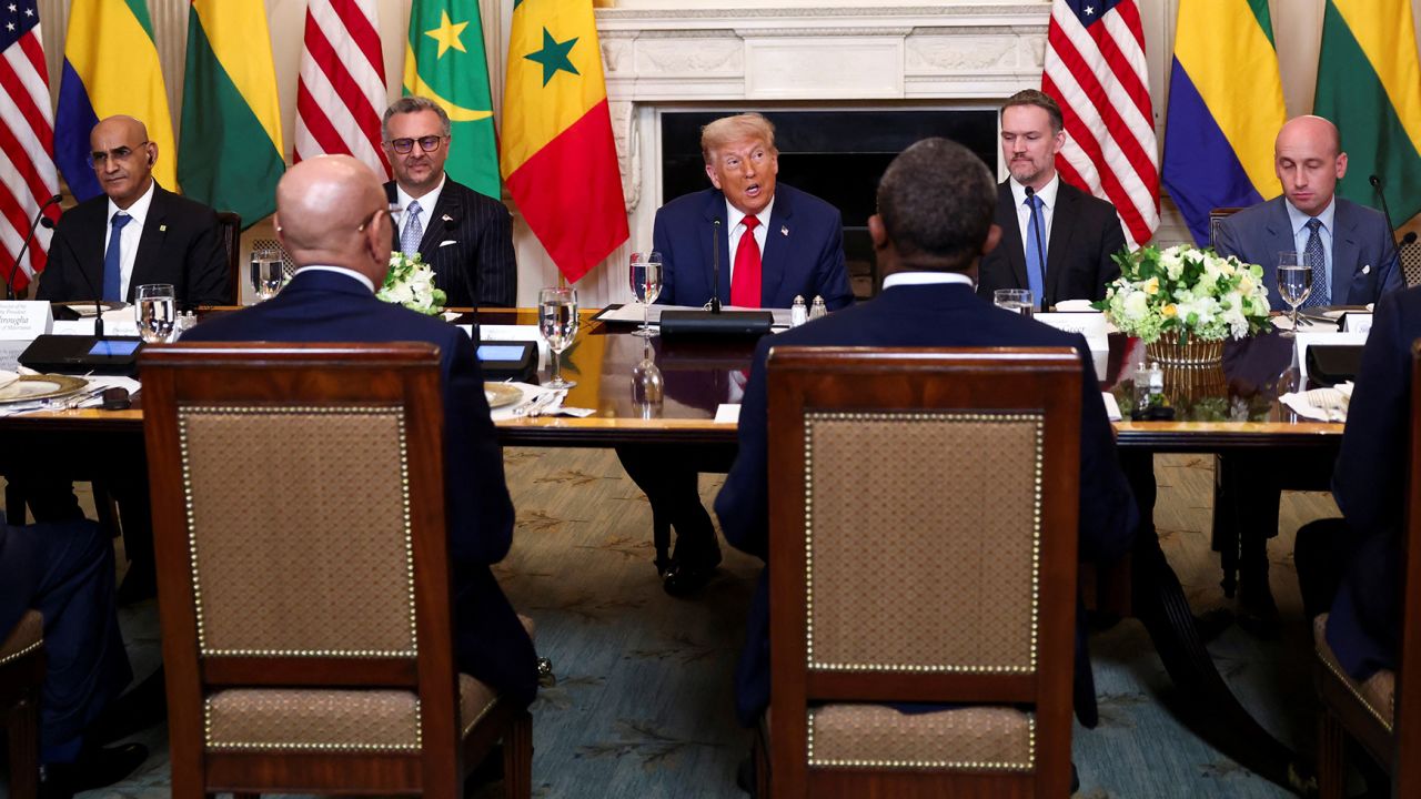 President Donald Trump hosts a lunch for African leaders of Gabon, Guinea-Bissau, Liberia, Mauritania, and Senegal in the State Dining Room at the White House in Washington, DC, on July 9. 